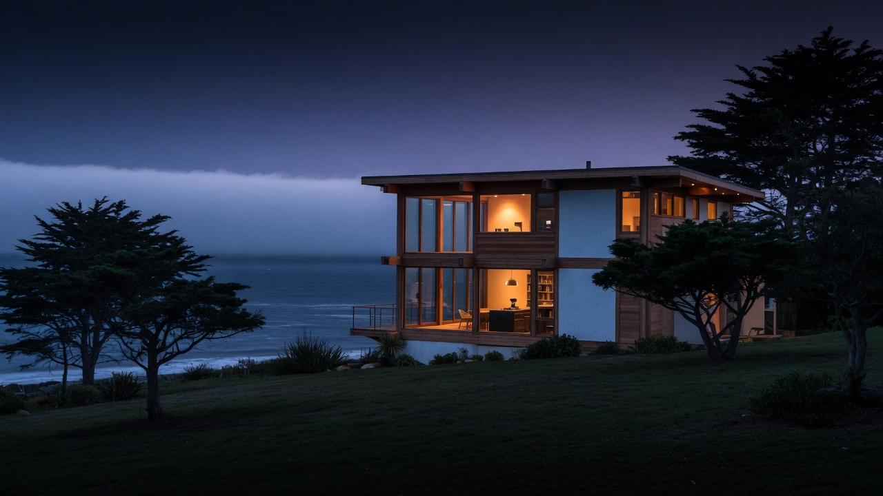 Blue-hour California coastal house on a hillside