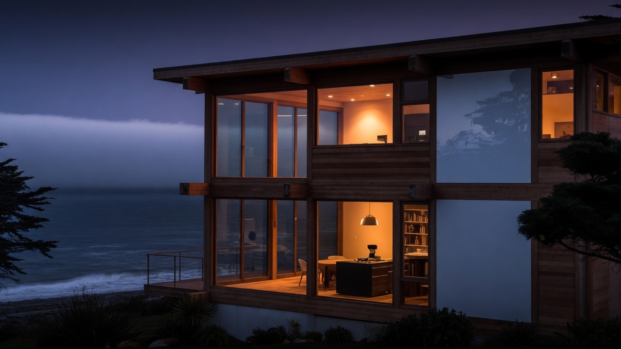 The house filling the frame over the Pacific