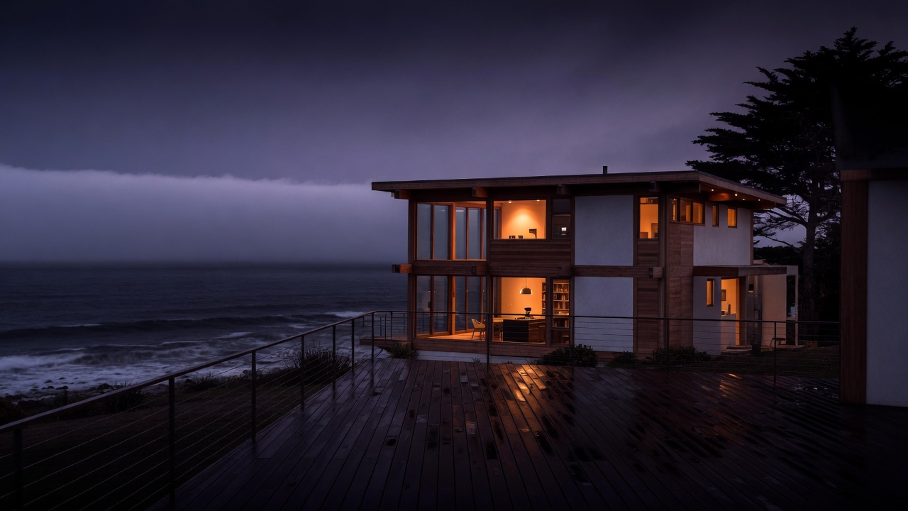 From the terrace, the house lit over the water